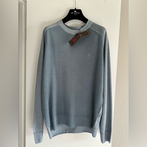 NWT $670 Etro Sweater virgin Wool Light Blue Multi Color Pegasus Logo Large L - Picture 5 of 16